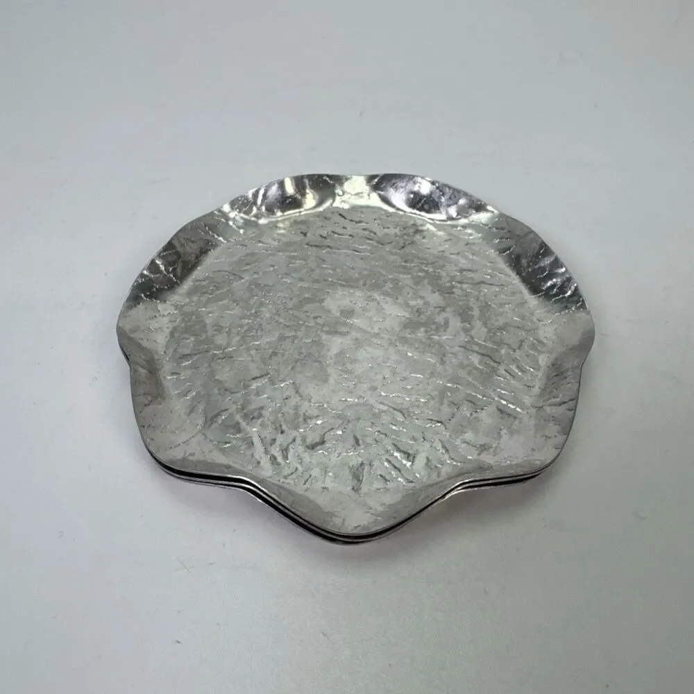 VTG 1950s Hammered Aluminum Set 3 Coasters Scalloped Rim Silver 4